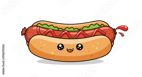 Adorable smiling hot dog character with mustard drizzle and lettuce in a soft bun on a white background with ketchup splashes on side.