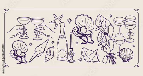 Nautical sea life line art, Ocean shells and pearl graphics, Maritime coastal vacation doodles, Seafood restaurant menu illustrations, Underwater marine nature elements, Beach treasure collection sket