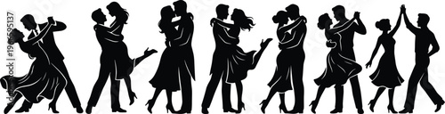 Romantic dancing couple silhouette vector set featuring partners in ballroom poses, salsa, tango, and wedding dance for elegant celebration designs and romantic event illustrations
