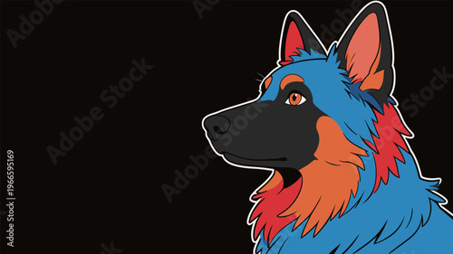 Colorful illustration of a dog with blue and orange fur on a black background
