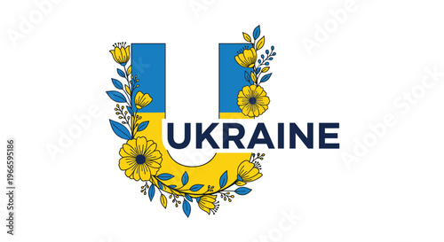 Patriotic emblem featuring a large letter U with the blue and yellow colors of the Ukrainian flag and sunflowers.