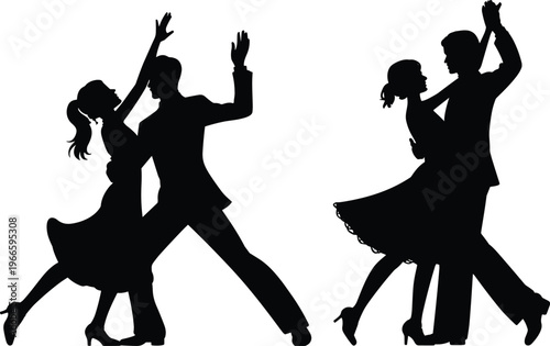 Silhouettes of dancing couples performing ballroom dance isolated on white background, elegant movement, romantic performance, tango and waltz style, dance illustration concept
