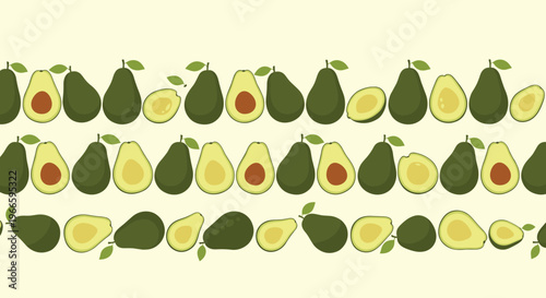 Seamless pattern of whole and sliced avocados showing pits and green flesh on a light yellow background for food theme.