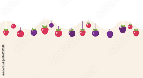 Decorative garland of hanging summer berries including strawberries, cherries and blackberries against a wavy cream background.