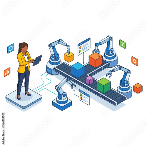 A woman operates a tablet on an industrial production line with robotic arms.