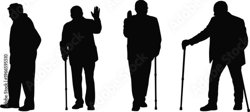 Silhouettes of elderly men with walking sticks isolated on white background, aging concept, senior lifestyle, mobility assistance, retirement life, health and support illustration