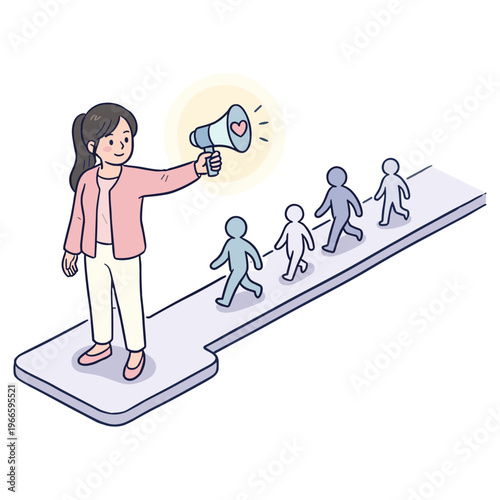 Woman uses megaphone to guide people on seesaw towards heart symbol