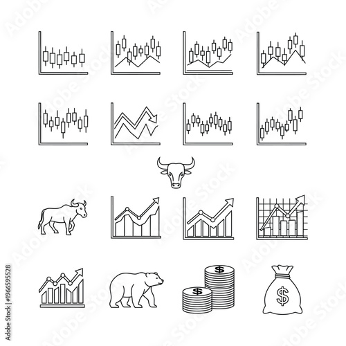 Collection of financial market icons including candlestick charts, line graphs, bulls, bears, coins, and money bags, representing investment and trading concepts.