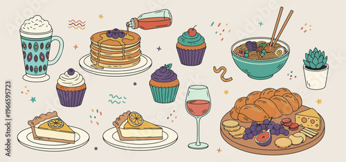  Breakfast pancakes and sweet syrup, Delicious cupcakes and dessert treats, Coffee and pastries cafe menu, Morning meal culinary illustrations, Bakery food and sweet snacks, Foodie lifestyle dessert g