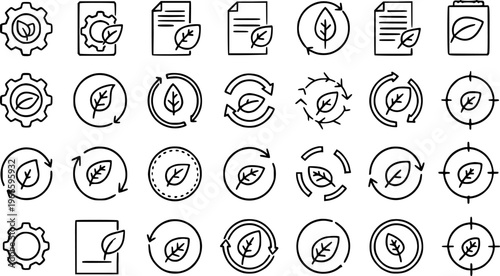 Collection of Hand Drawn Outline Vector Icons Representing Eco Friendly Sustainability Cycles Green Energy Production Documentation and Gear Mechanisms