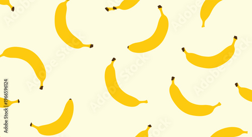 Cheerful seamless pattern of ripe yellow bananas scattered randomly across a light yellow background for food theme.