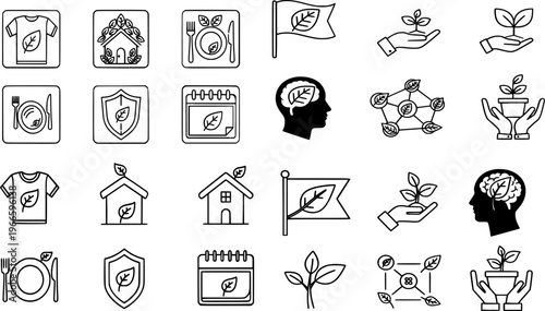Set of Eco Friendly Green Leaf Icons Representing Sustainable Living Practices Including Agriculture Fashion Ecology Food Protection Calendar Brain Network Growth and Home Concepts Vector Illustration