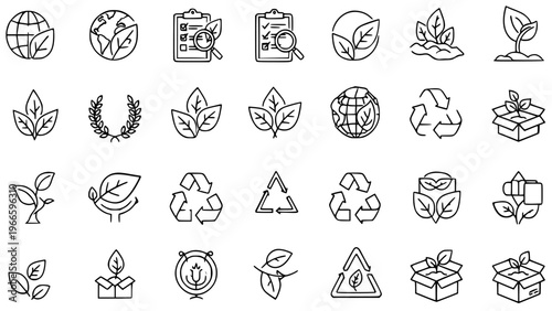 Set of various black outline vector icons recycling symbols, growing plants, ecological balance, nature care, and sustainable packaging designs for infographics.