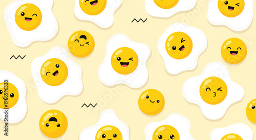 Fun and colorful pattern of happy fried egg characters with different facial expressions on a yellow background.