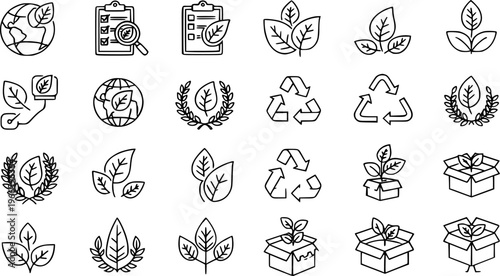 Set of twenty diverse black line art vector icons eco friendly leaves, global earth care, recycling symbols, quality assurance, and organic product packaging design elements.
