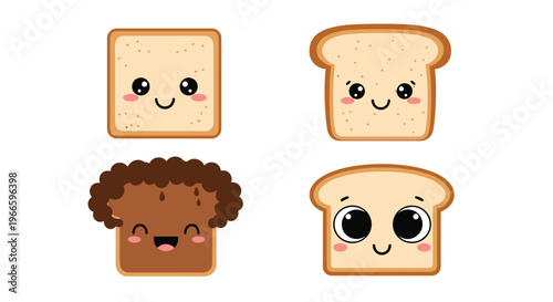 Collection of four adorable cartoon bread characters with different smiling facial expressions on a white background.