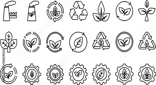 Eco-friendly vector collection illustrating concepts, green technology, protection,factories, recycling arrows, natural leaves, and gears,energy, ecological industry, and conservation elements.