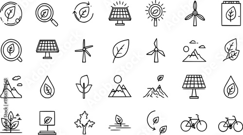 Black outline vector icon set collection representing renewable energy sources sustainable ecology environmental concepts and green technology symbols for nature projects.