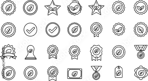 Collection of Minimalist Organic Certification Badges, Seals, and Award Icons Featuring Leaf Symbols for Eco Friendly Product Design, Quality Approval, and Nature Branding Elements