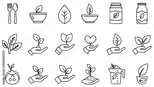Eco friendly nature vector illustration set featuring plant, food, hand, and environmental symbols, healthy lifestyle, organic products, agriculture, sustainability, and green living concepts for web 