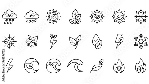 Nature and ecology vector graphic icon set illustration, sun, rain, leaves, lightning, snow, wind, fire, and moon, perfect for sustainable design, ecological projects, and green technology concepts.