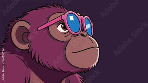 Monkey wearing pink sunglasses looks up against a dark background in a playful and colorful setting