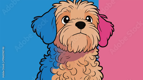 Cartoon dog with blue and pink fur sits against colorful background in playful pose