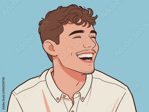 Young man with curly hair smiles widely against a light blue background while wearing a white shirt and enjoying a moment of happiness