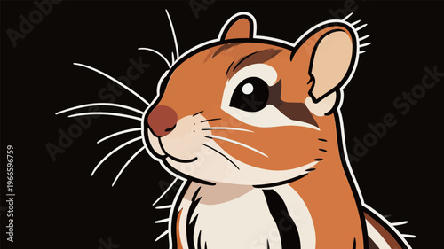 Close look at a cartoon style chipmunk with bright colors and clear features against a dark background showing its unique design