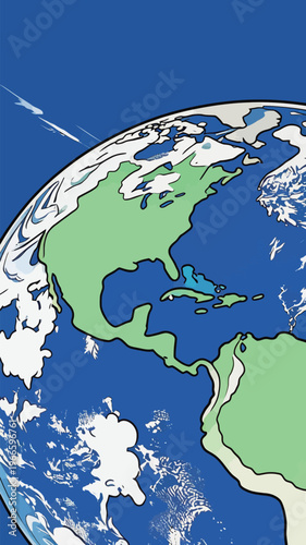 Map of North and South America with ocean and clouds against a blue background during daytime