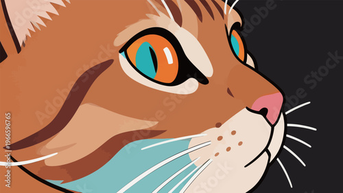 Orange cat face with blue eyes and light whiskers on a dark background in a simple art style