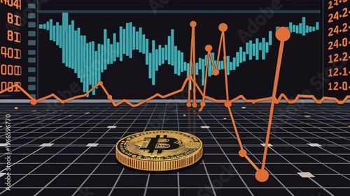 Bitcoin price trends rise and fall on screen with graph and digital coin visible on grid floor