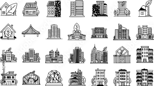 Hand Drawn Black Outline Vector Icons Collection Representing Diverse Sustainable Urban Buildings Eco Friendly Architecture Elements Infrastructure and City Planning Designs