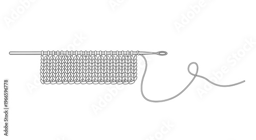 Hand drawn illustration of a knitting process with a single needle holding rows of grey wool stitches on white background.
