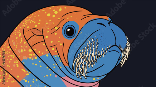 Detailed view of a colorful walrus face with bright patterns on its skin at an artistic angle