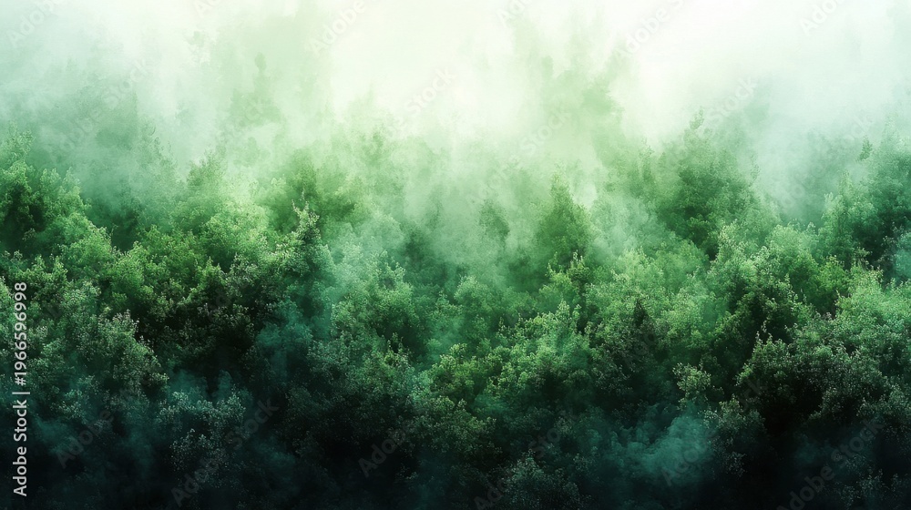 Fototapeta premium Misty Green Forest Canopy With Soft Sunlight Breaking Through Lush Foliage