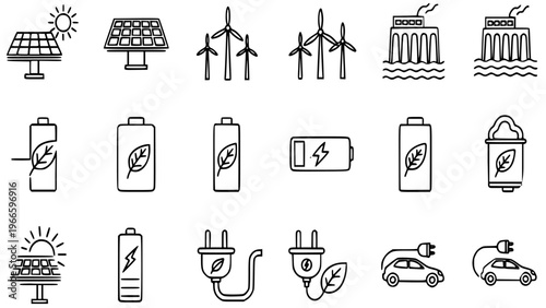 Renewable energy vector icons collection includes solar panels, wind turbines, hydroelectric dams, eco-friendly batteries, charging plugs, and electric cars and a greener future concept projects.
