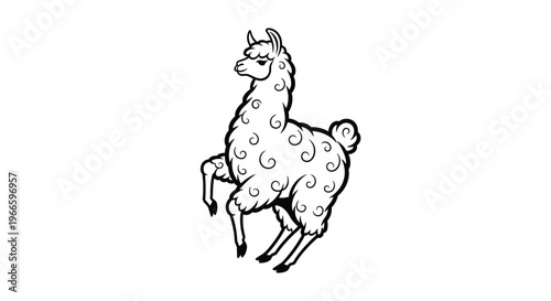 Simple black and white line art illustration of a fluffy llama standing with one front leg raised against a plain white background.