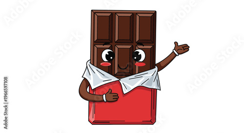 Cheerful dark chocolate bar cartoon character with large expressive eyes and a smile wearing a red wrapper and waving its hand.