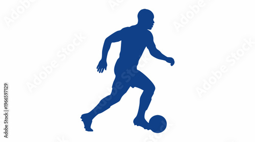 Blue silhouette of a soccer player dribbling a ball on a white background