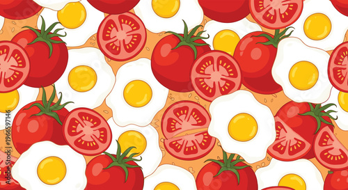 Vibrant seamless pattern background featuring whole and sliced red tomatoes mixed with sunny side up fried eggs on an orange base.