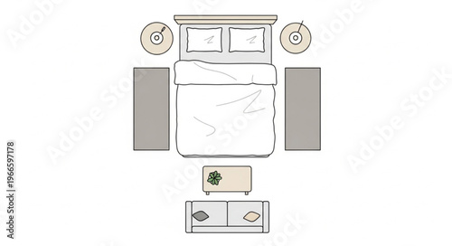 Overhead View of Bedroom Layout with Furniture and Accessories.