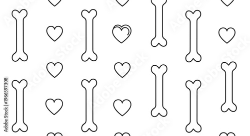 Minimalist seamless pattern featuring black line art of dog bones and hearts arranged in rows on a clean white background.