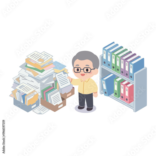A man stands amidst disorganized office supplies and files on shelves.