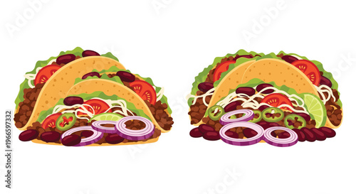 Detailed illustration of two hard shell Mexican tacos stuffed with ground meat, beans, cheese, tomatoes, lettuce, onions, and lime.