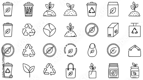 Eco Friendly Vector Icon Set Representing Sustainable Ecology Recycling Compost Bins Plant Growth Green Packaging Zero Waste Concepts And Environmental Responsibility