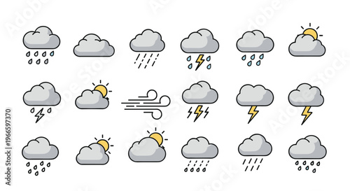 Comprehensive set of eighteen flat weather icons representing rain, sun, clouds, wind, and lightning in various combinations.
