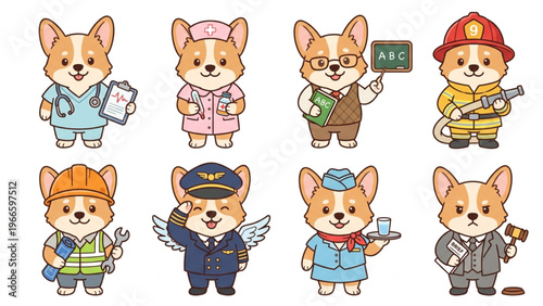 Set of funny cartoon animals featuring a cute Shiba Inu, character collection in a vector illustration style Animal in Uniform, Doctor, Nurse, Fightfireman, Air Hostess, Flight Captian, Teacher
