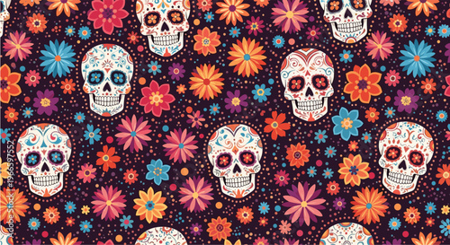 Traditional Mexican day of the dead pattern with decorated sugar skulls and vibrant colorful flowers on a dark purple background.