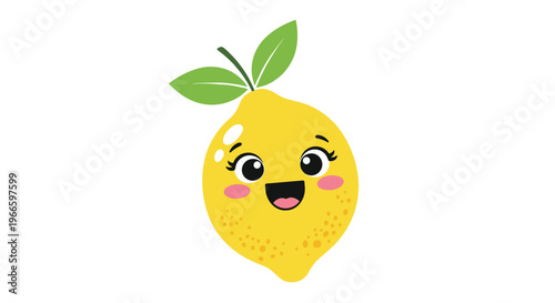 Adorable yellow lemon cartoon character with big eyes, a happy smile, pink cheeks, and green leaves on top against a white background.